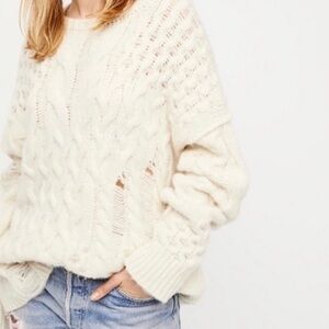 Free People Cozy Cream Cable Knit Sweater with distressing slouchy & oversized